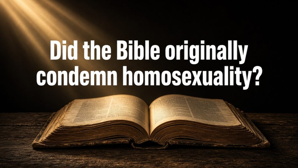Open Bible under a spotlight with the question: Did the Bible originally condemn homosexuality?