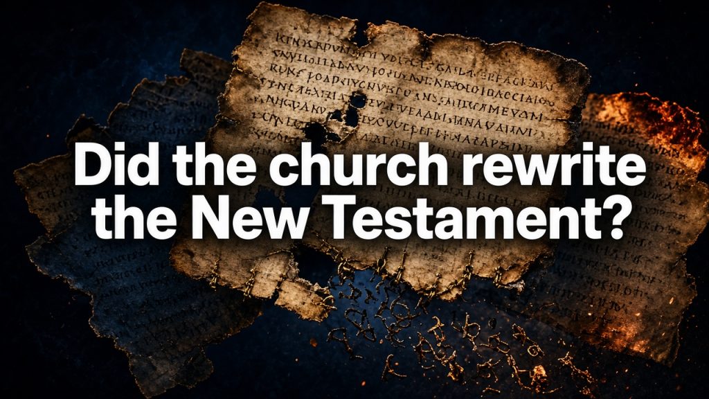Torn Greek parchment with the question: Did the church rewrite the New Testament?