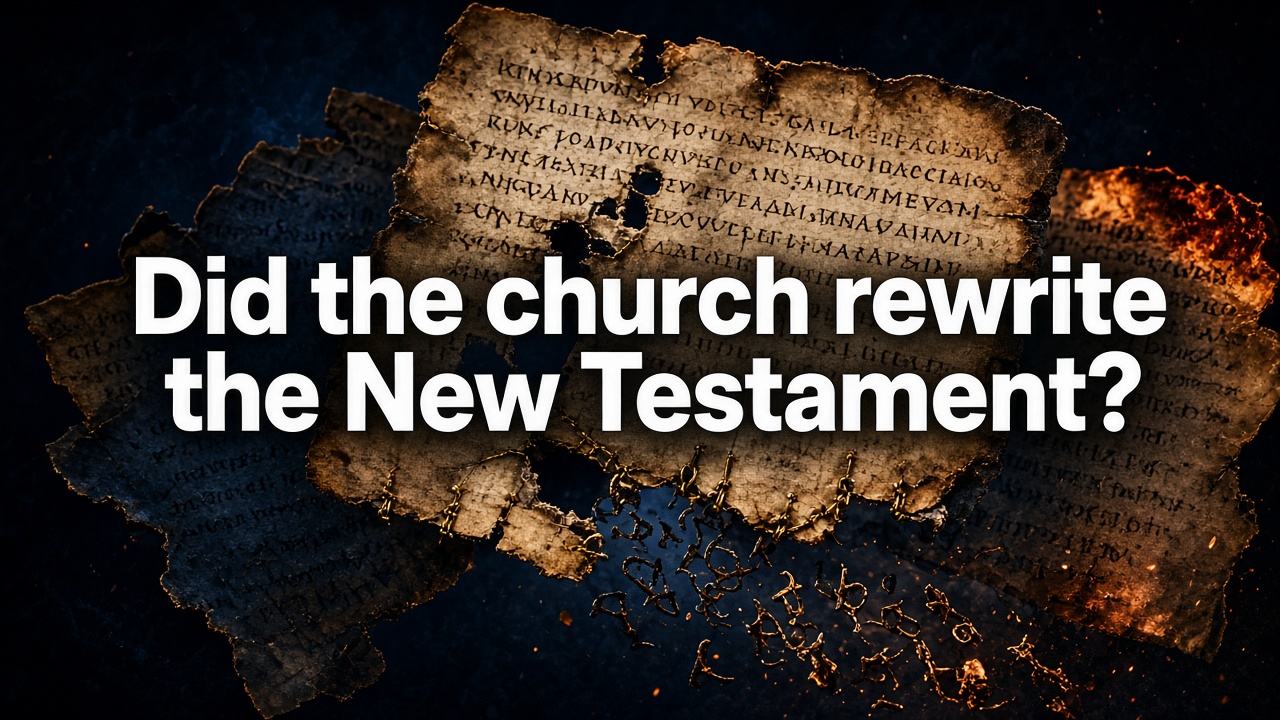 Torn Greek parchment with the question: Did the church rewrite the New Testament?