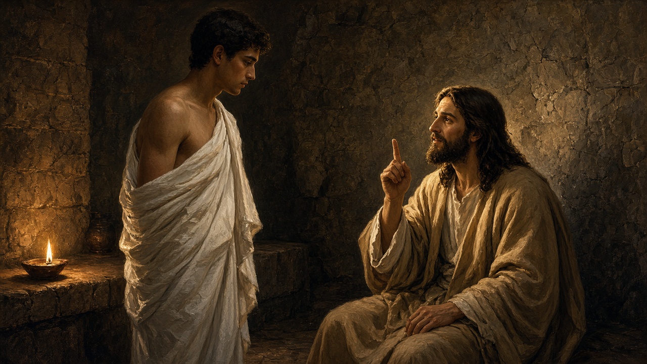 A young man in a linen cloth listens as Jesus teaches by lamplight.