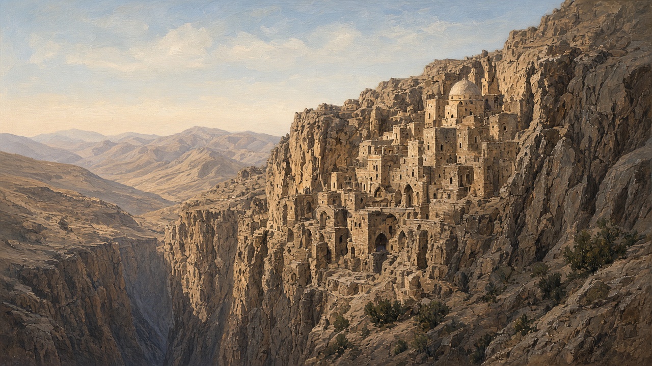 Mar Saba monastery built into a desert cliff.